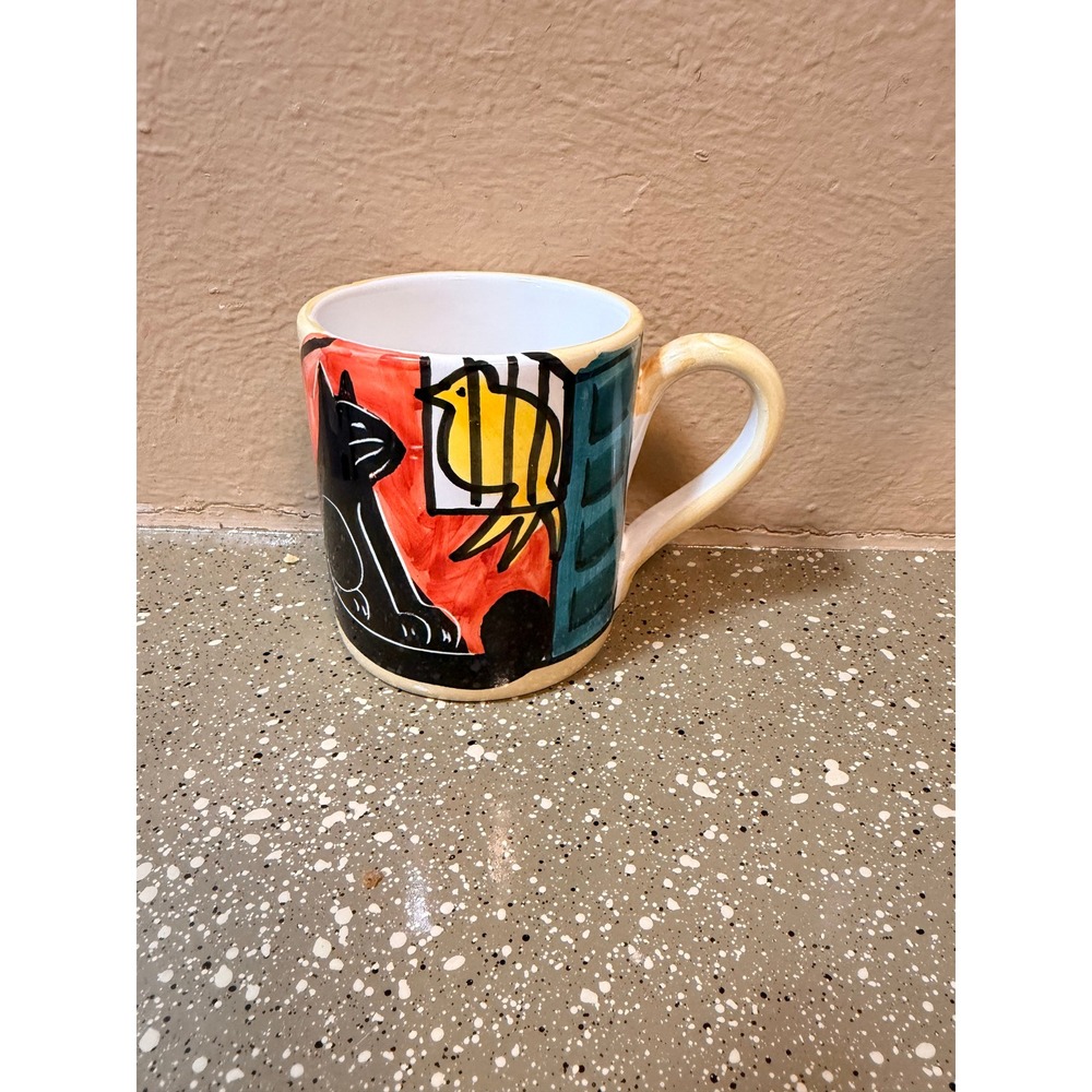 The‎ Cellar Hand Painted Mug Italy Cat Bird Art Ceramic Coffee Tea Cup 1999